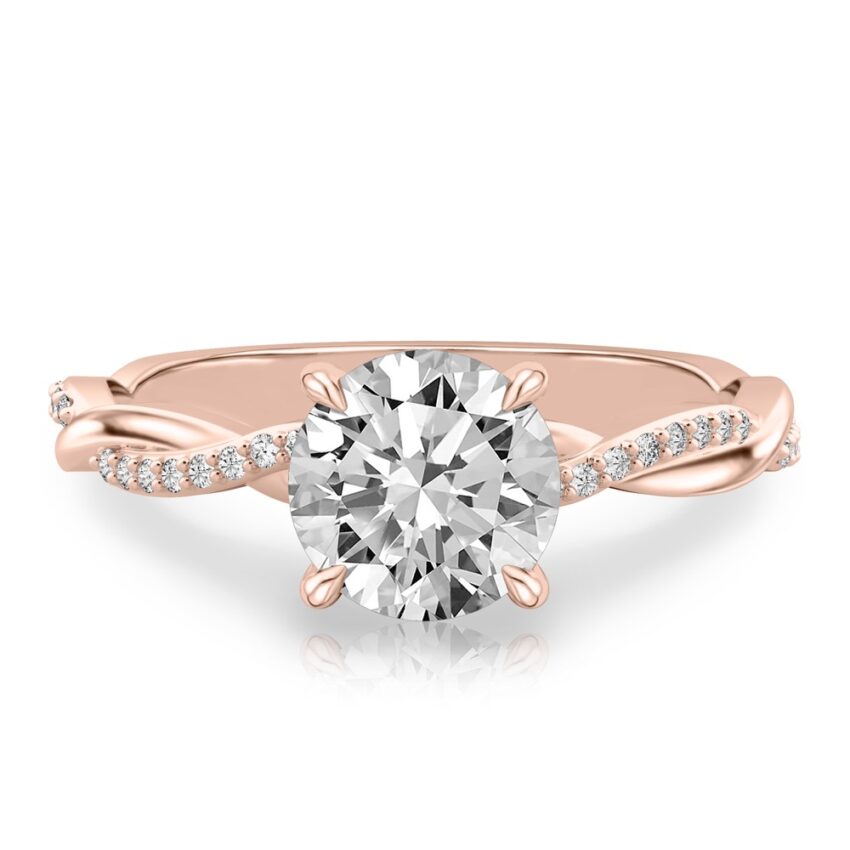 round cut diamond twist hidden halo engagement ring in rose gold