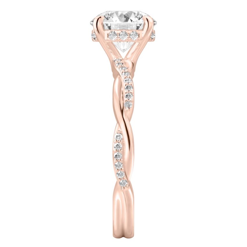 Side view of round cut diamond twist hidden halo engagement ring in rose gold