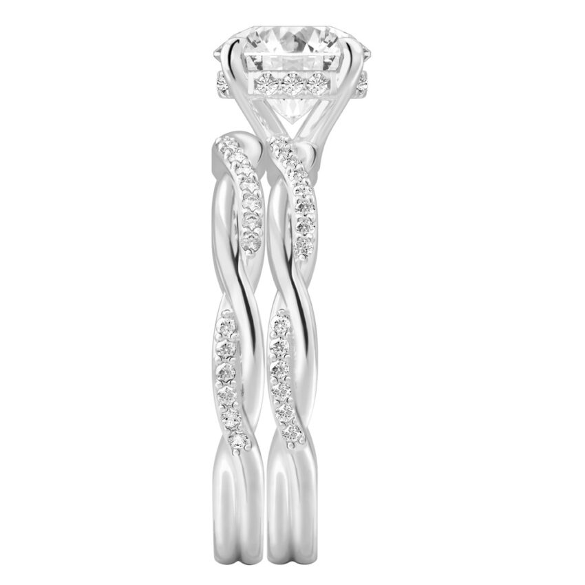 Side view of round cut diamond twist hidden halo engagement ring set palladium