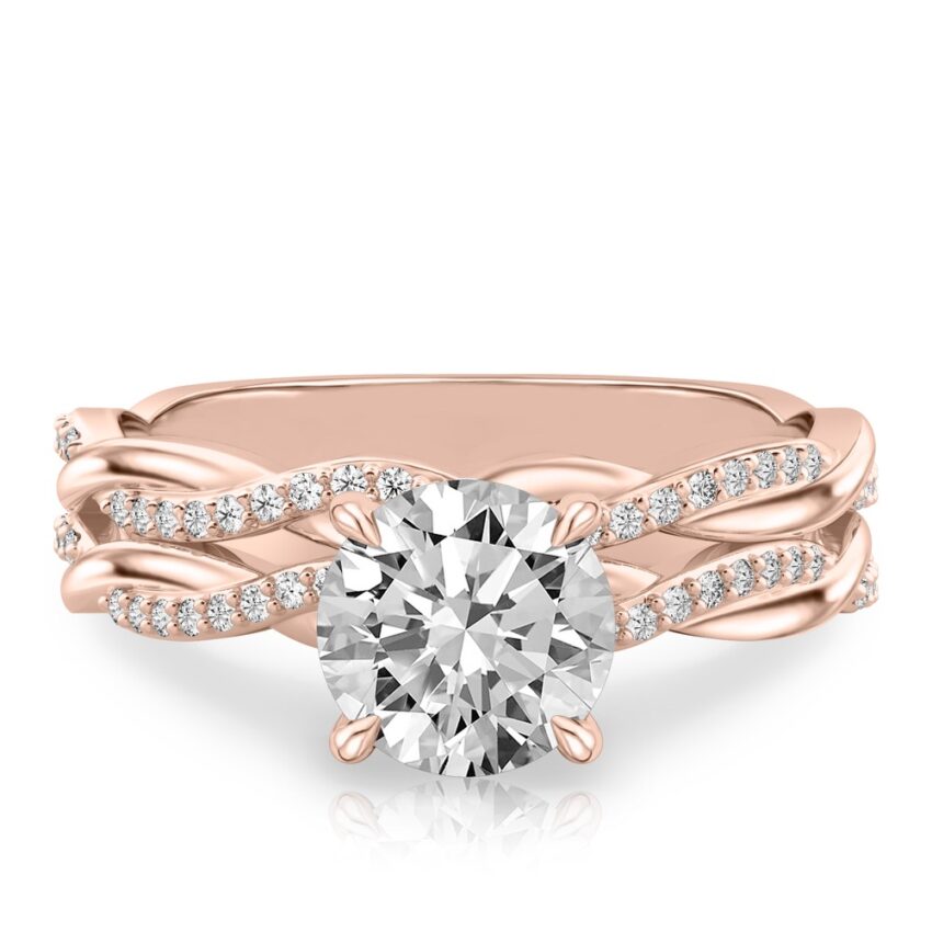 round cut diamond twist hidden halo engagement ring set rose gold