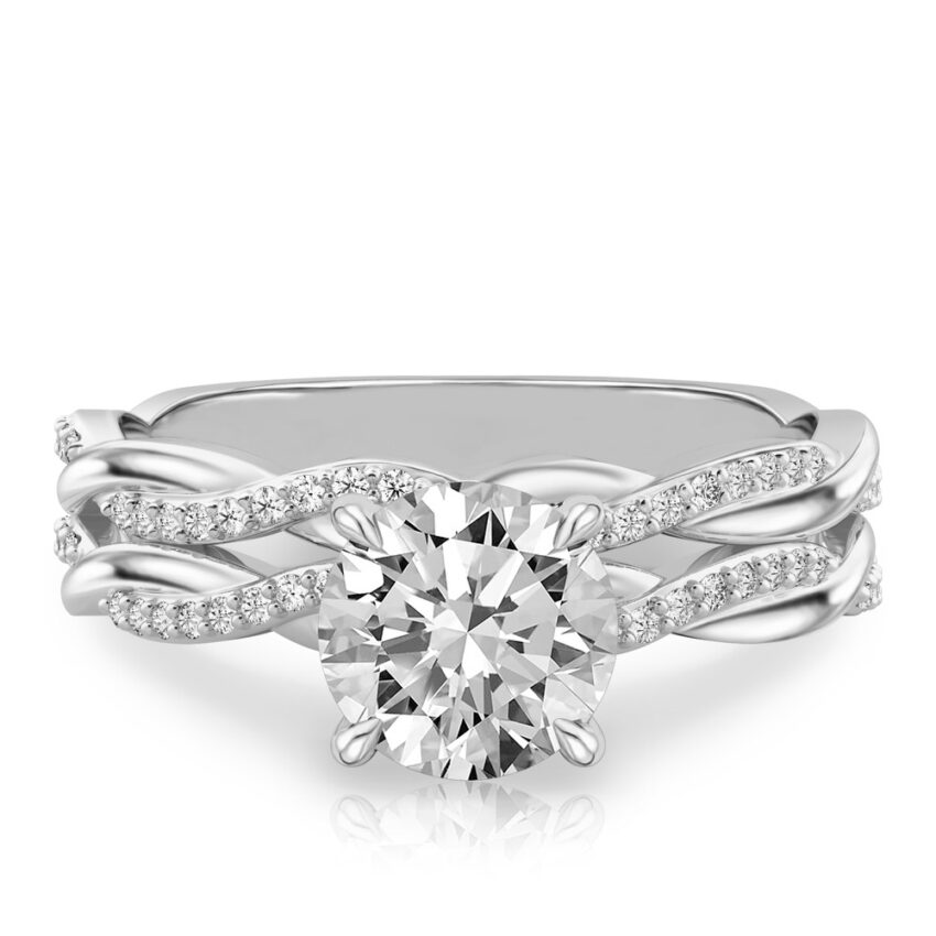 round cut diamond twist hidden halo engagement ring set white gold