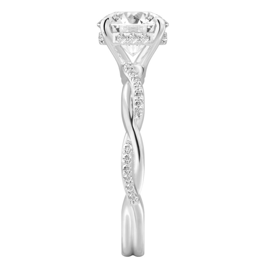 Side view of round cut diamond twist hidden halo engagement ring in white gold