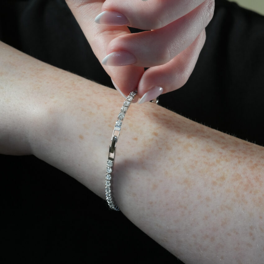 Angle view of 3.0 cttw lab diamond tennis bracelet lifestyle