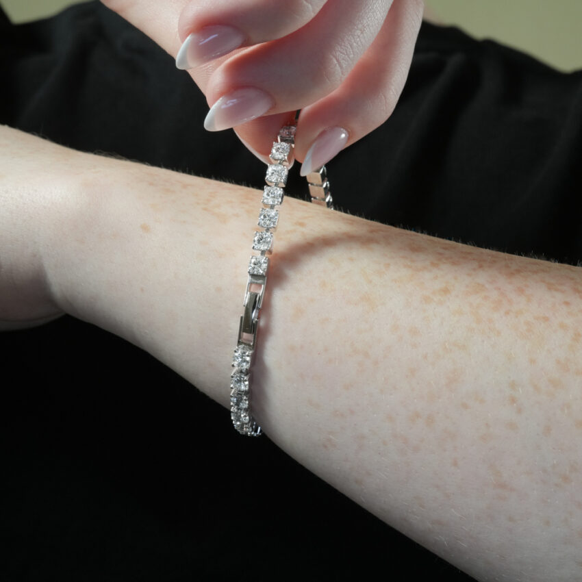 Angle view of 7.0 cttw lab diamond tennis bracelet lifestyle