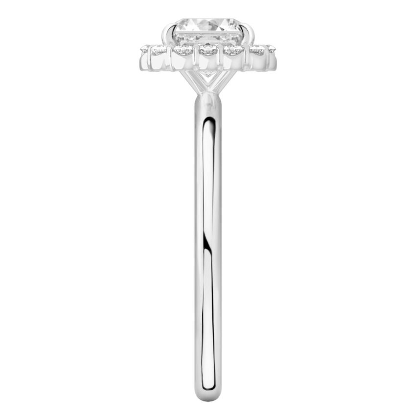 Side view of asscher cut diamond floral halo engagement ring in platinum