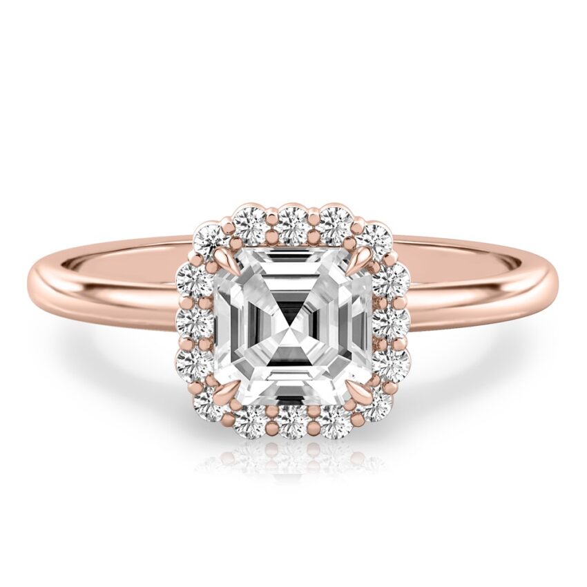 asscher cut diamond floral halo engagement ring in rose gold