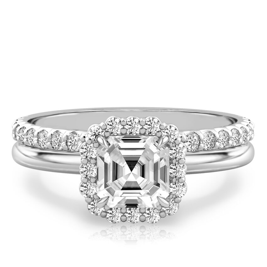 asscher cut diamond floral halo engagement ring set palladium