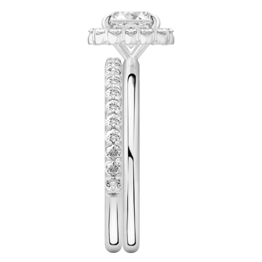 Side view of asscher cut diamond floral halo engagement ring set platinum