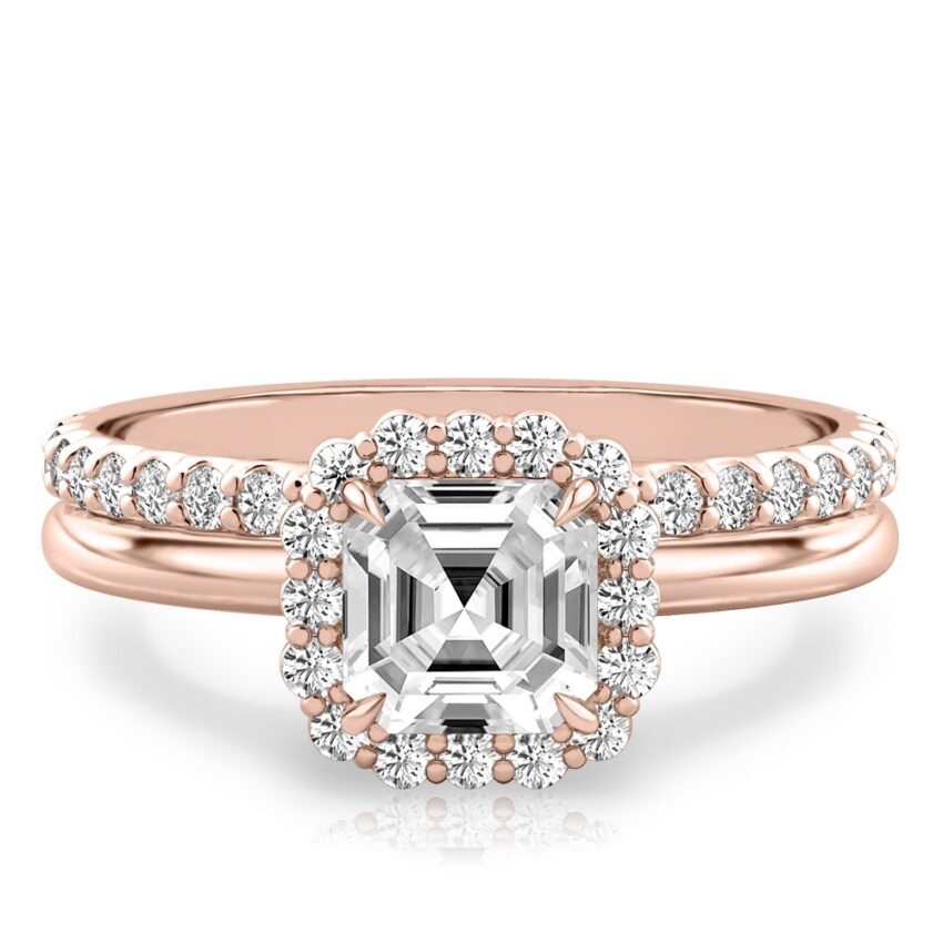 asscher cut diamond floral halo engagement ring set rose gold