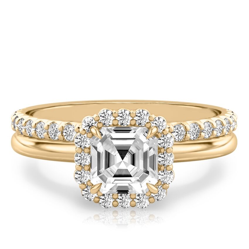 asscher cut diamond floral halo engagement ring set yellow gold