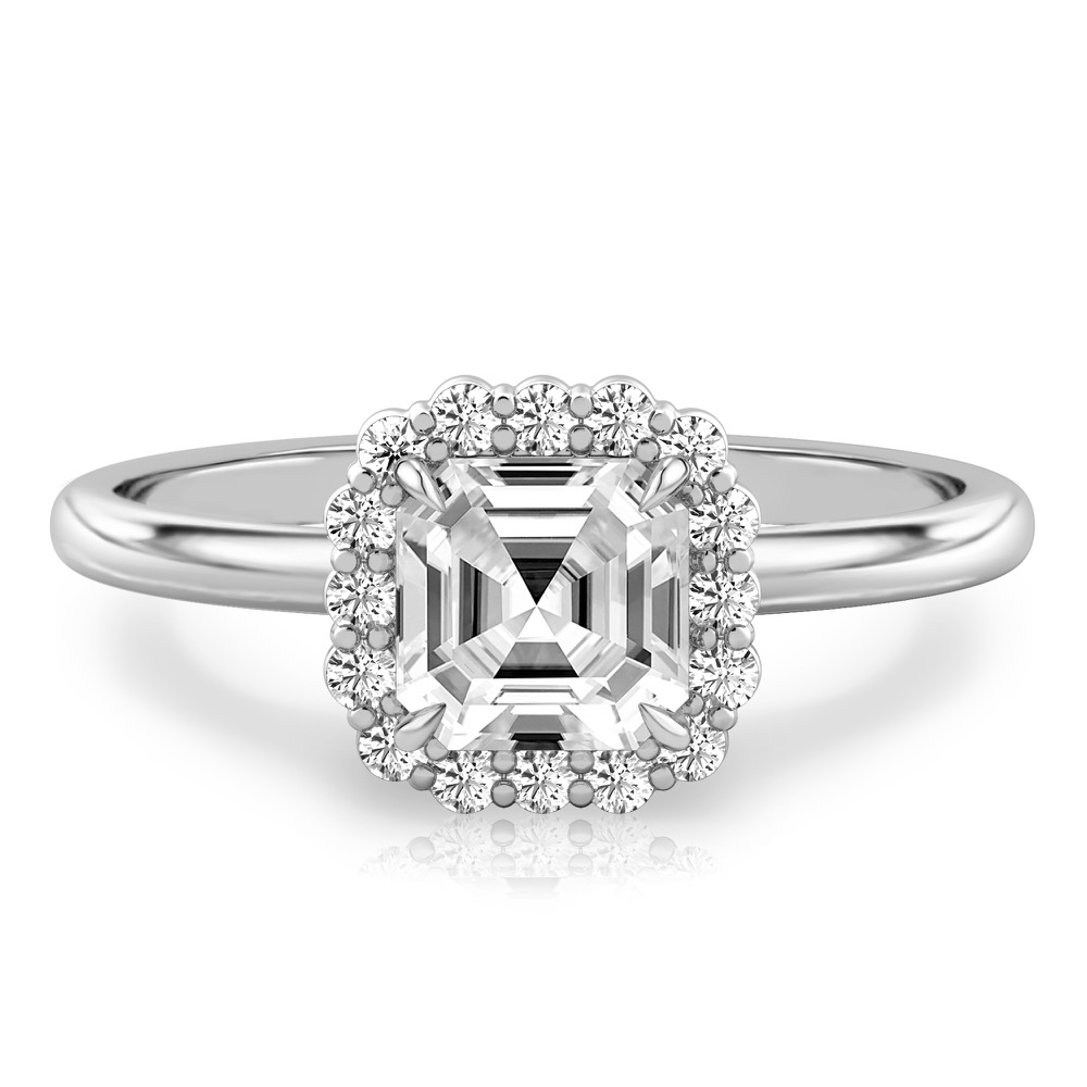 asscher cut diamond floral halo engagement ring in white gold