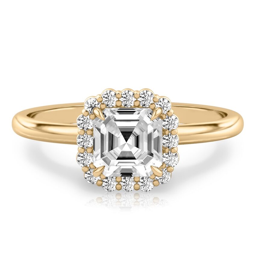 asscher cut diamond floral halo engagement ring in yellow gold