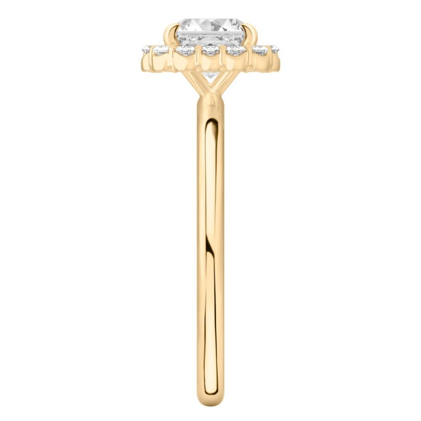 Side view of asscher cut diamond floral halo engagement ring in yellow gold