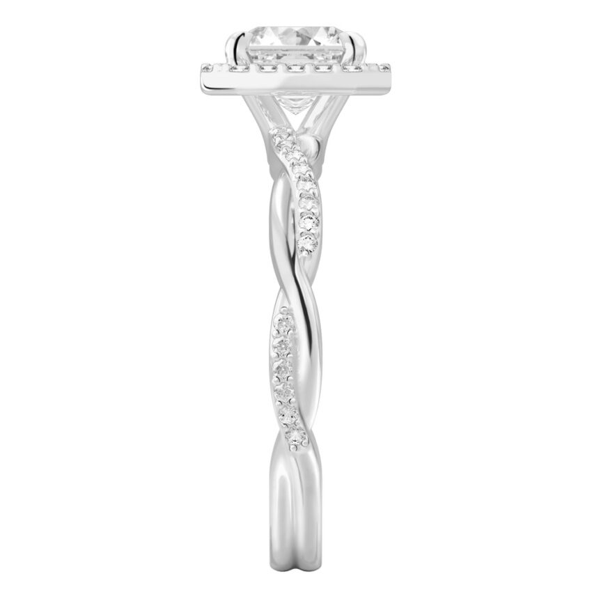 Side view of asscher cut diamond twist halo engagement ring in palladium