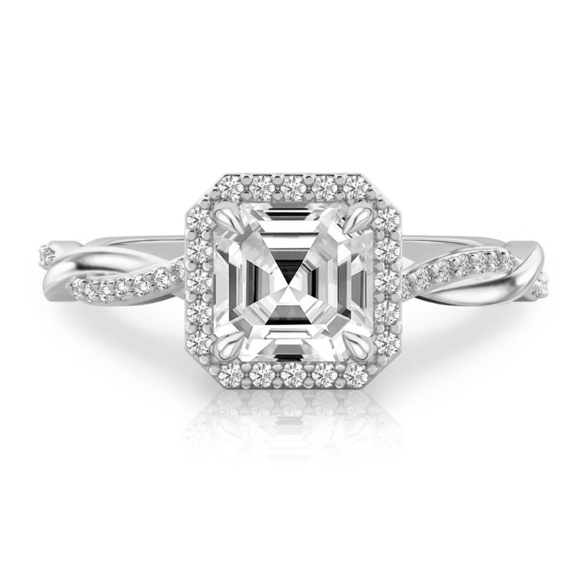 asscher cut diamond twist halo engagement ring in platinum