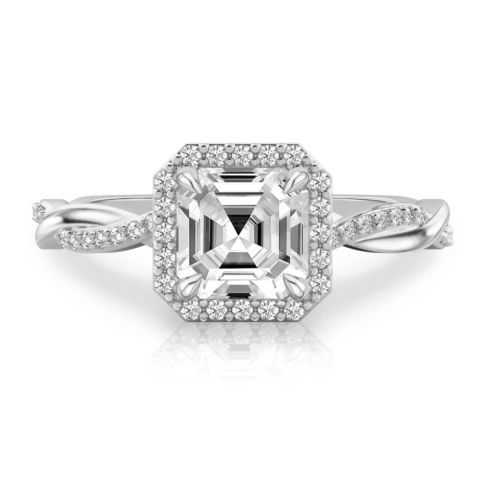 asscher cut diamond twist halo engagement ring in platinum