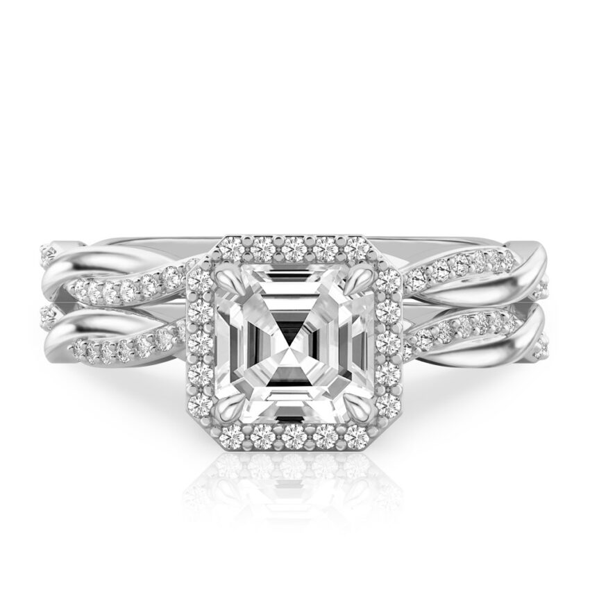 asscher cut diamond twist halo engagement ring set platinum