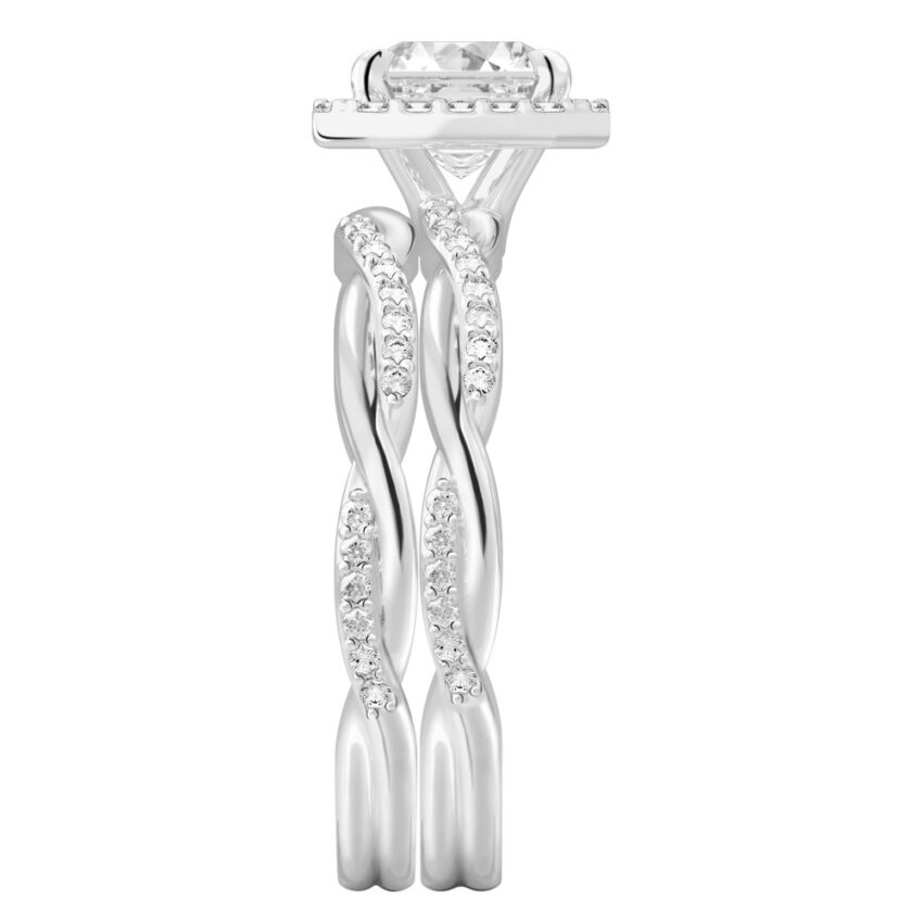 Side view of asscher cut diamond twist halo engagement ring set platinum