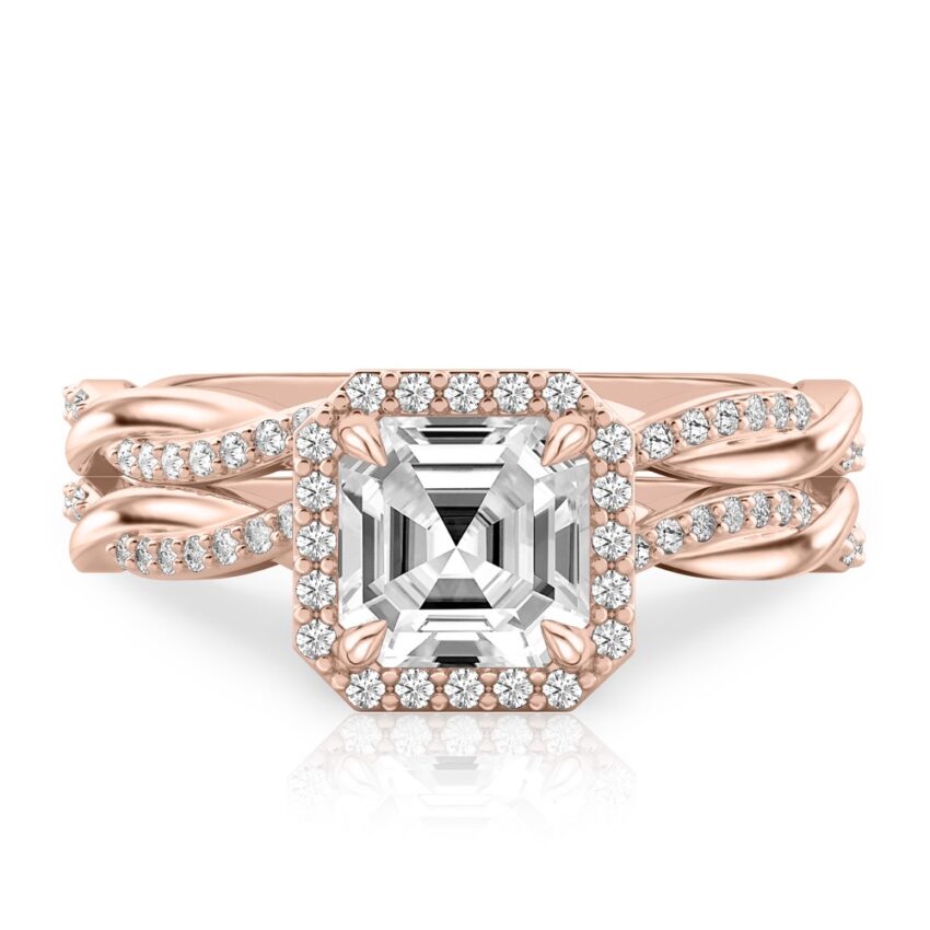 asscher cut diamond twist halo engagement ring set rose gold