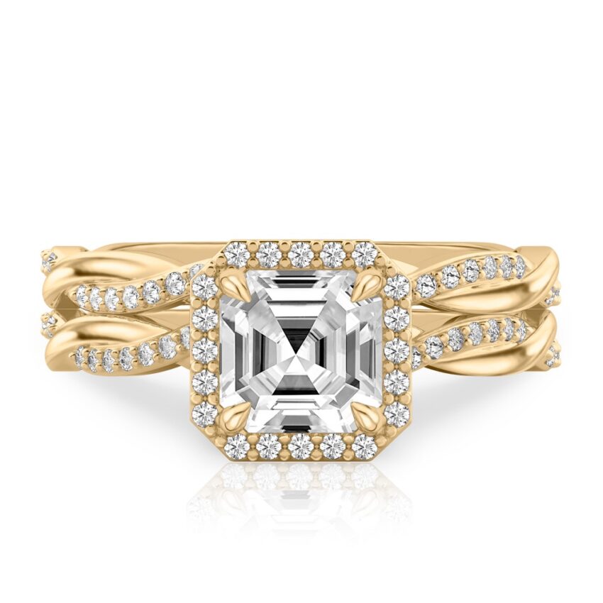 asscher cut diamond twist halo engagement ring set yellow gold