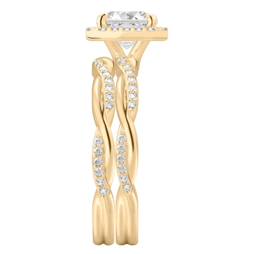 Side view of asscher cut diamond twist halo engagement ring set yellow gold