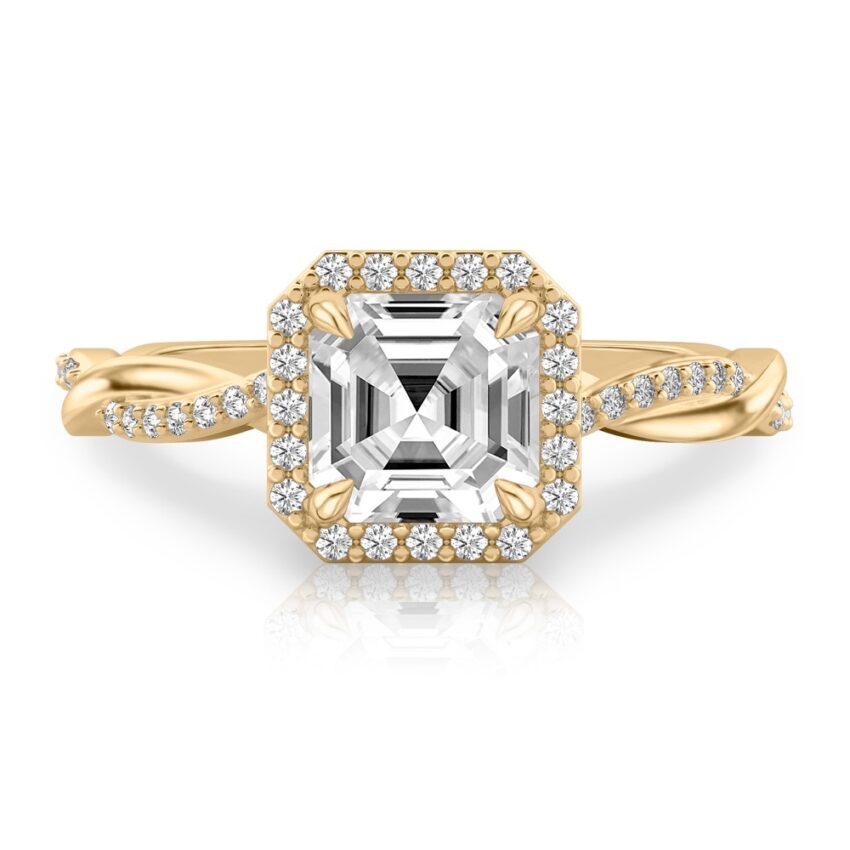 asscher cut diamond twist halo engagement ring in yellow gold