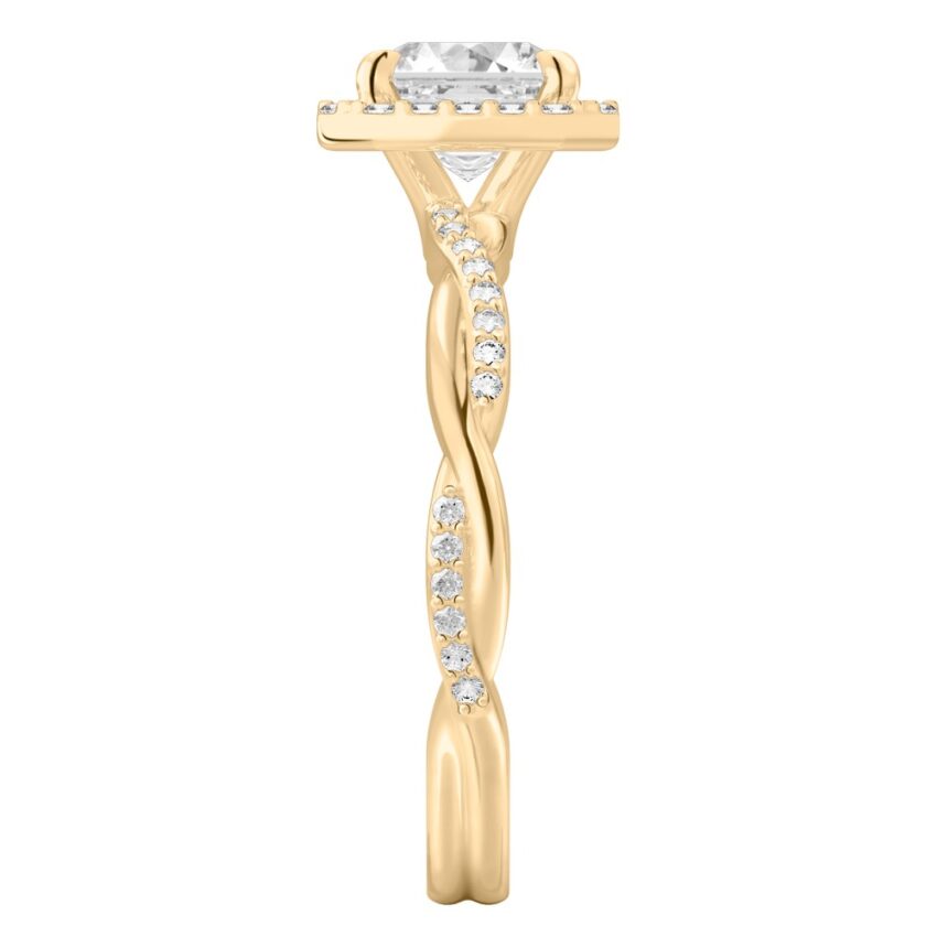 Side view of asscher cut diamond twist halo engagement ring in yellow gold