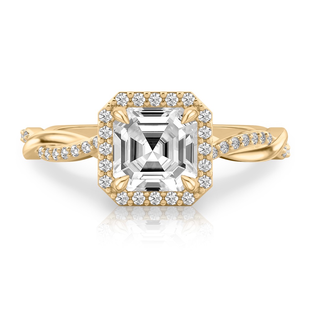 asscher cut diamond twist halo engagement ring in yellow gold