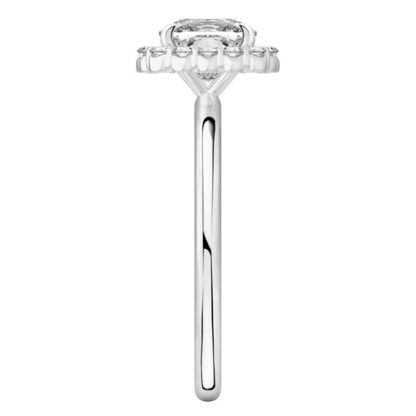 Side view of cushion cut diamond floral halo engagement ring in platinum