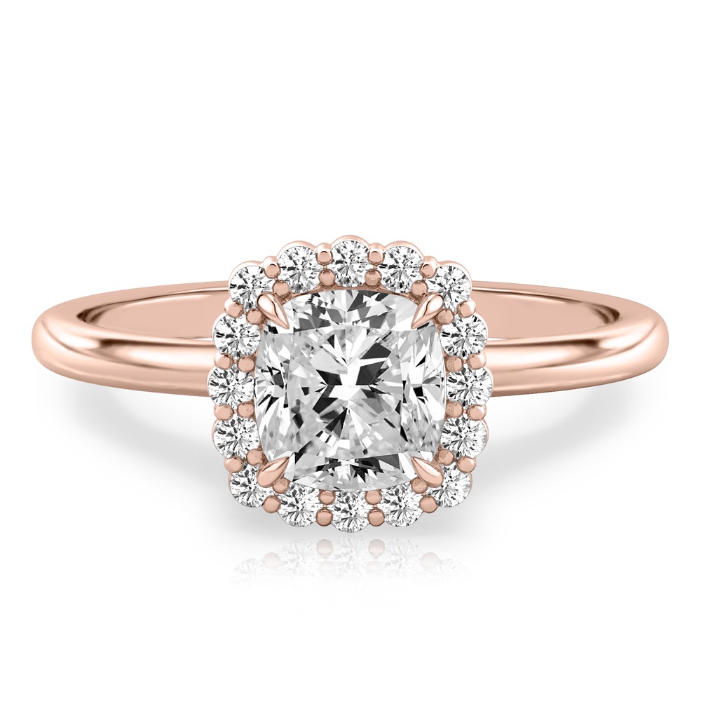 cushion cut diamond floral halo engagement ring in rose gold