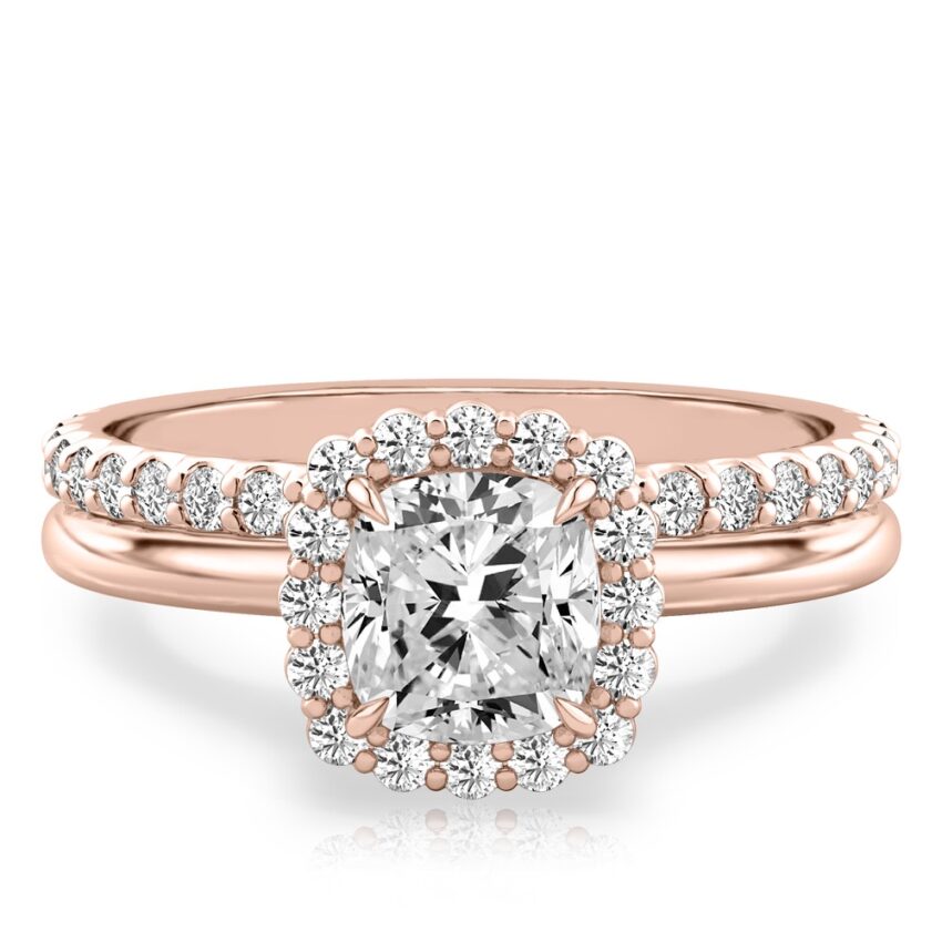 cushion cut diamond floral halo engagement ring set rose gold
