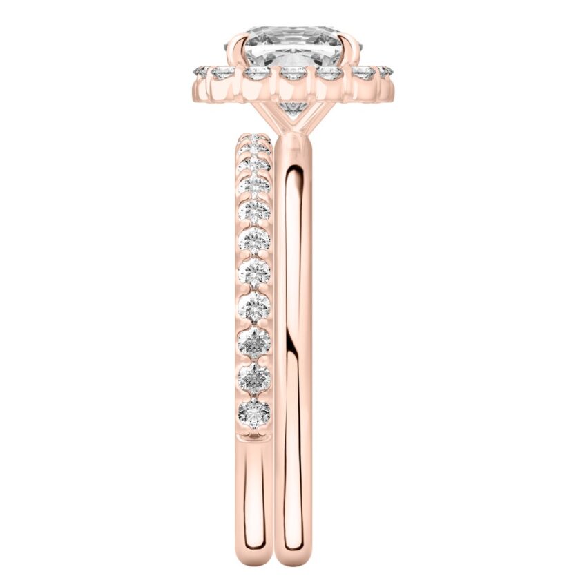 Side view of cushion cut diamond floral halo engagement ring set rose gold