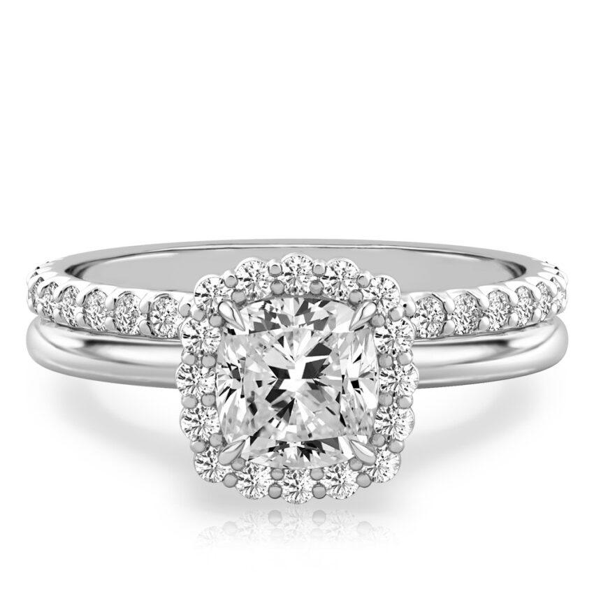 cushion cut diamond floral halo engagement ring set white gold