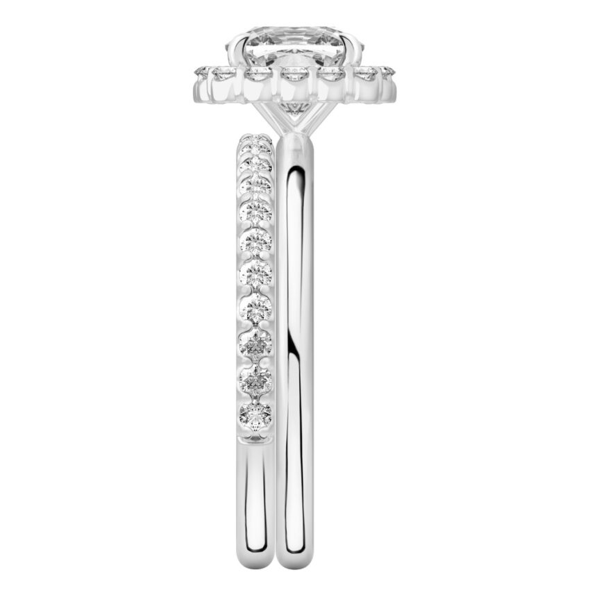 Side view of cushion cut diamond floral halo engagement ring set white gold