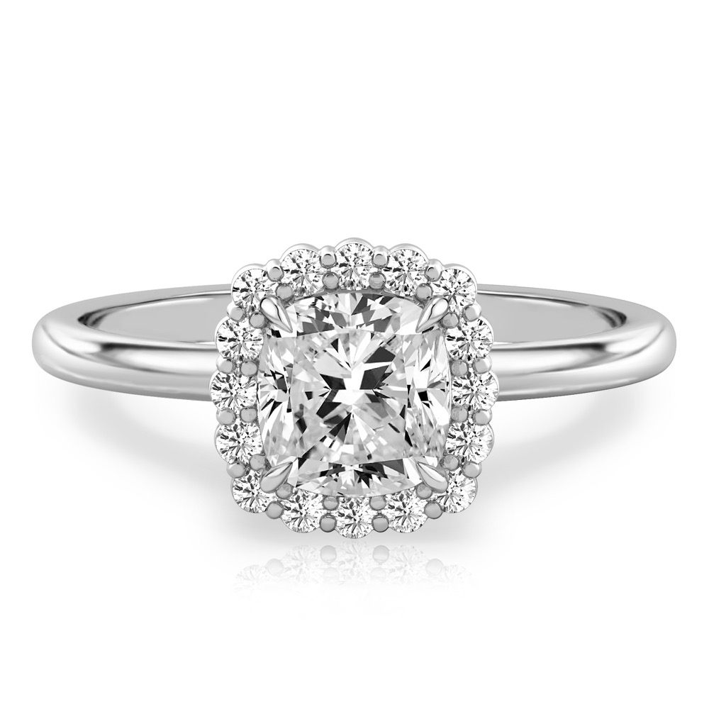cushion cut diamond floral halo engagement ring in white gold
