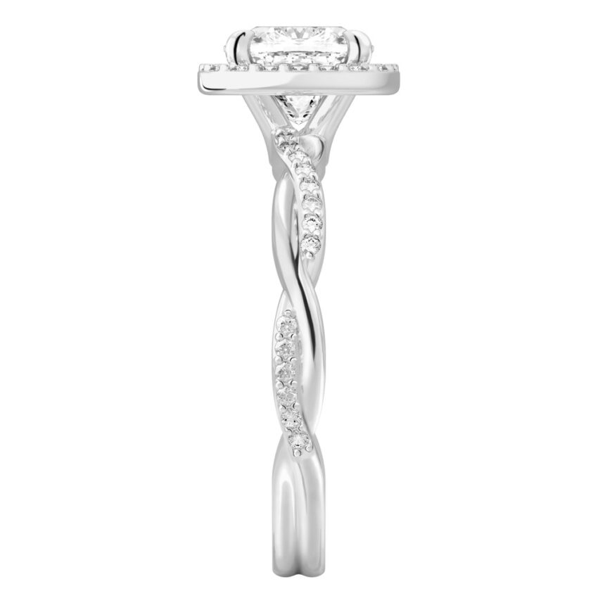 Side view of cushion cut diamond twist halo engagement ring in palladium