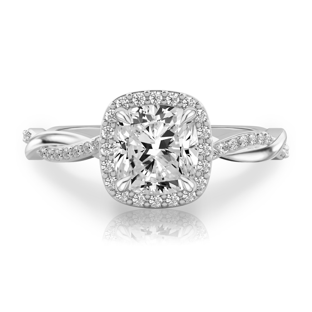 cushion cut diamond twist halo engagement ring in palladium