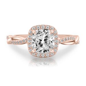 cushion cut diamond twist halo engagement ring in rose gold