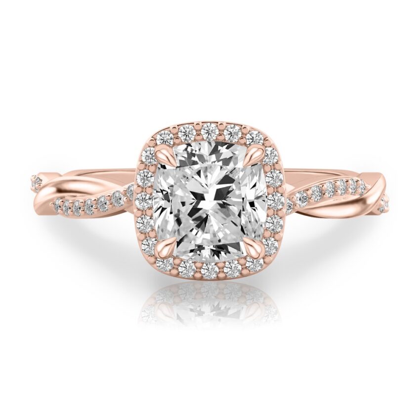 cushion cut diamond twist halo engagement ring in rose gold