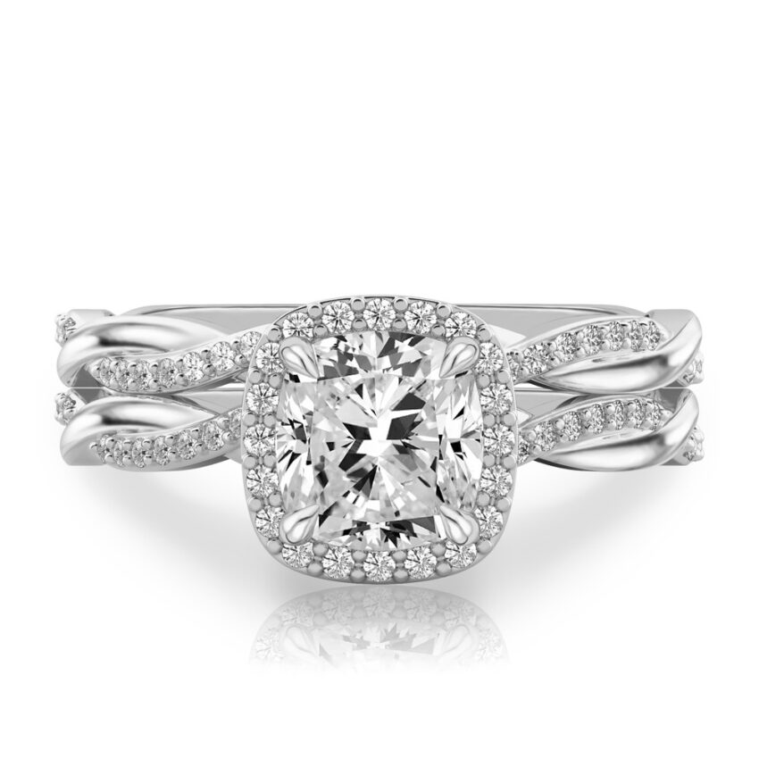 cushion cut diamond twist halo engagement ring set platinum