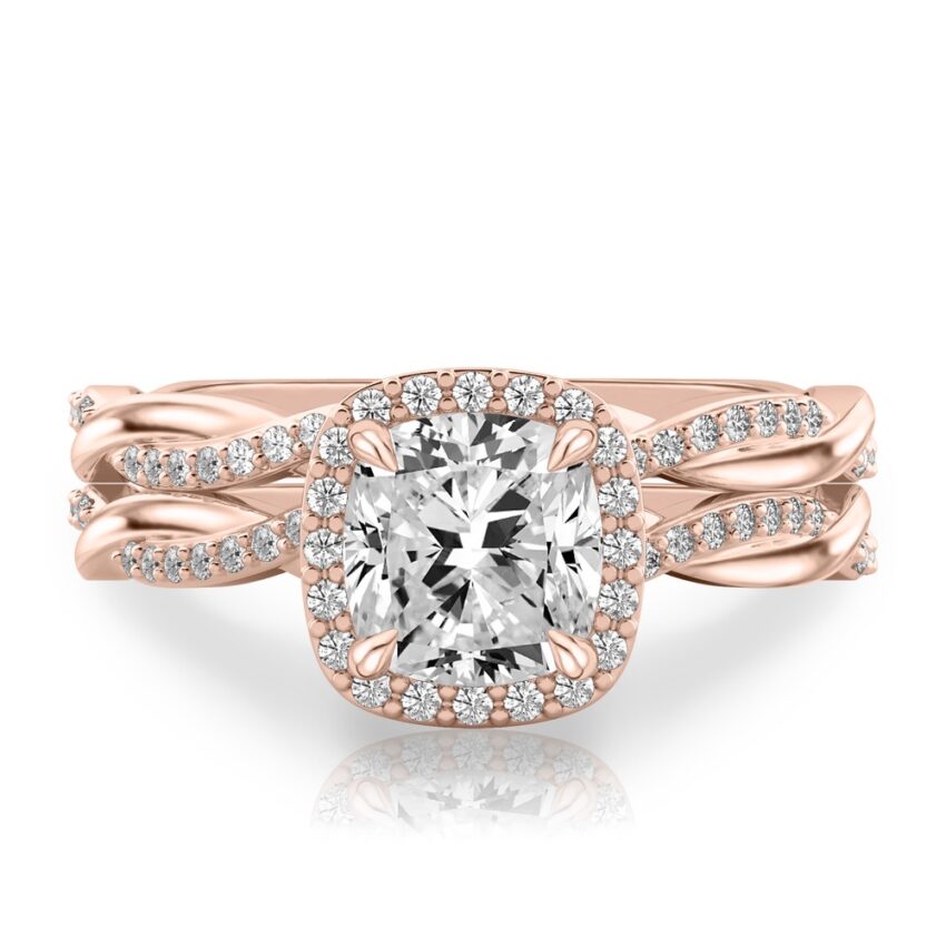 cushion cut diamond twist halo engagement ring set rose gold