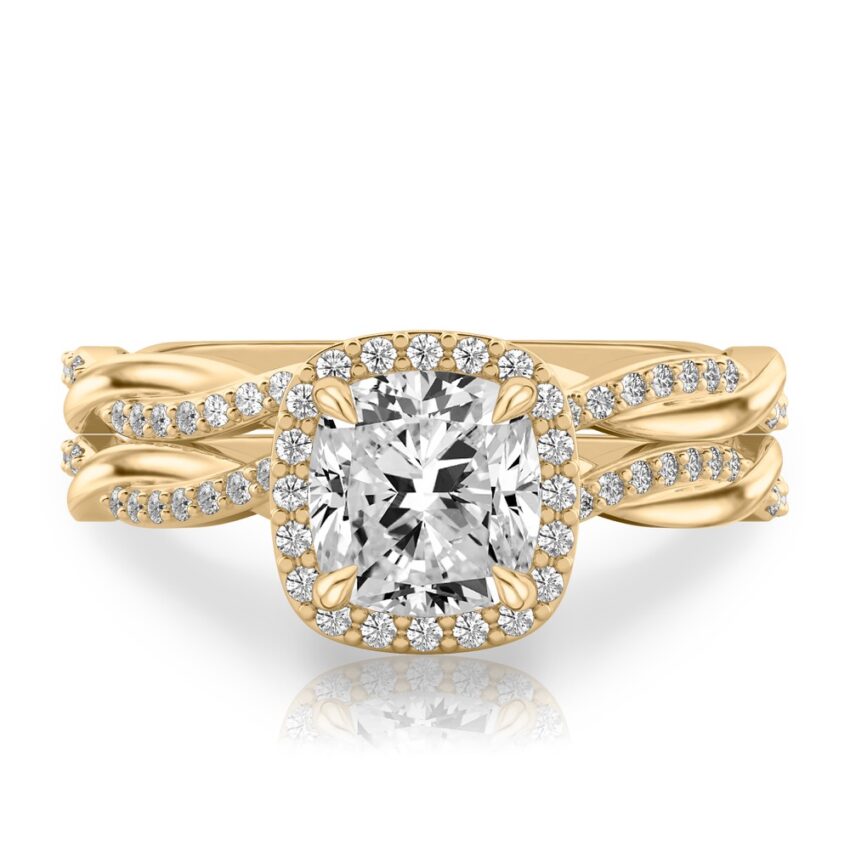 cushion cut diamond twist halo engagement ring set yellow gold
