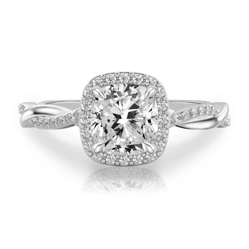 cushion cut diamond twist halo engagement ring in white gold