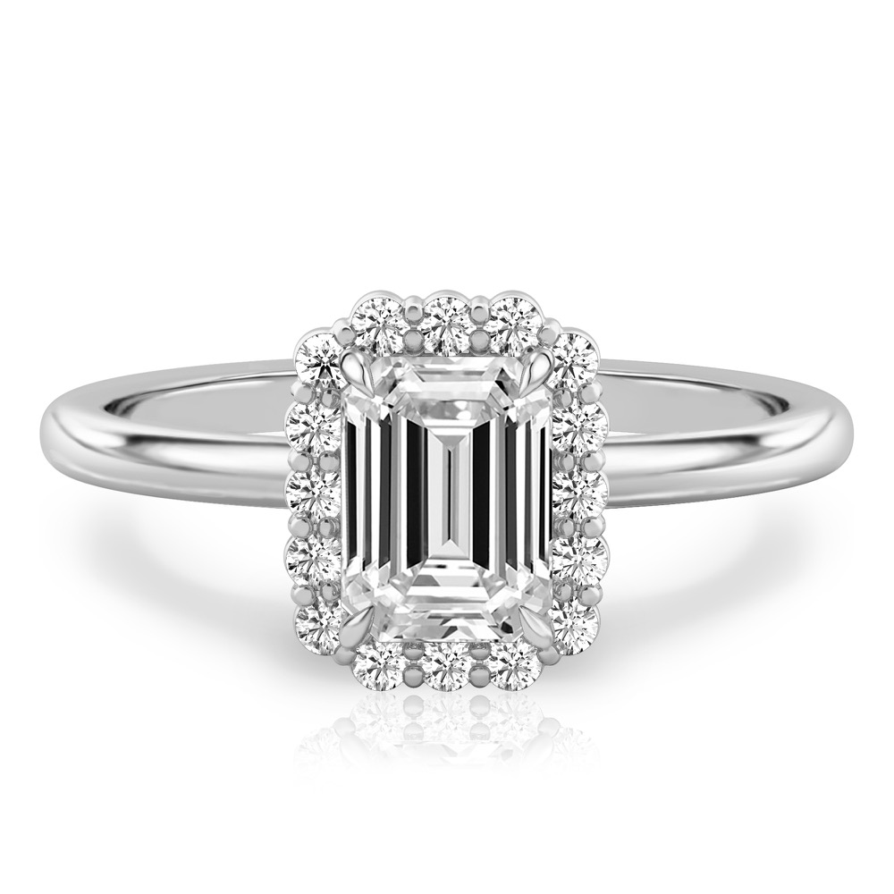 emerald cut diamond floral halo engagement ring in platinum