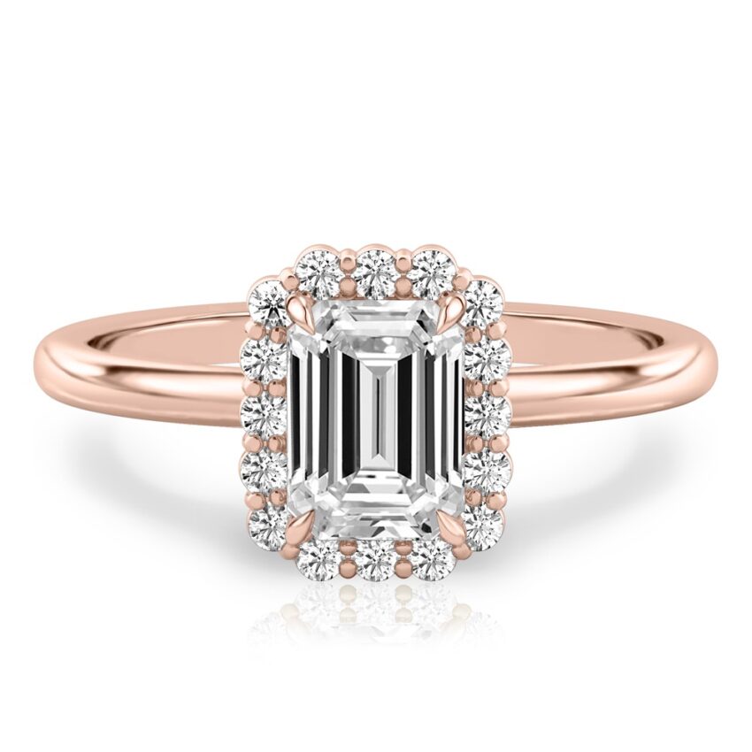 emerald cut diamond floral halo engagement ring in rose gold