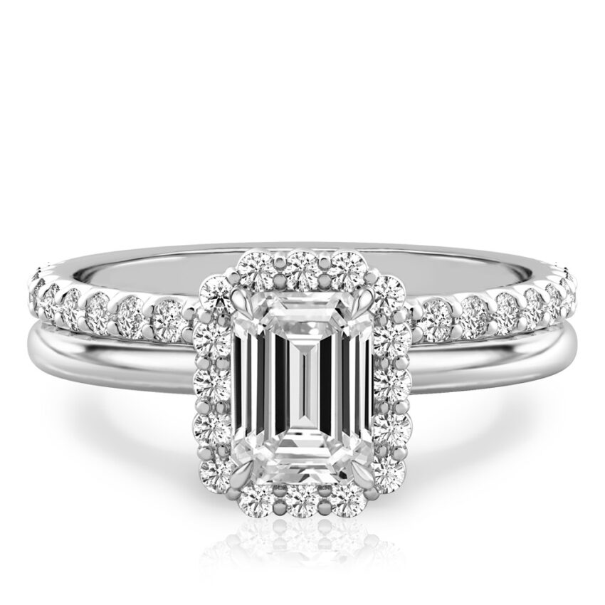 emerald cut diamond floral halo engagement ring set platinum