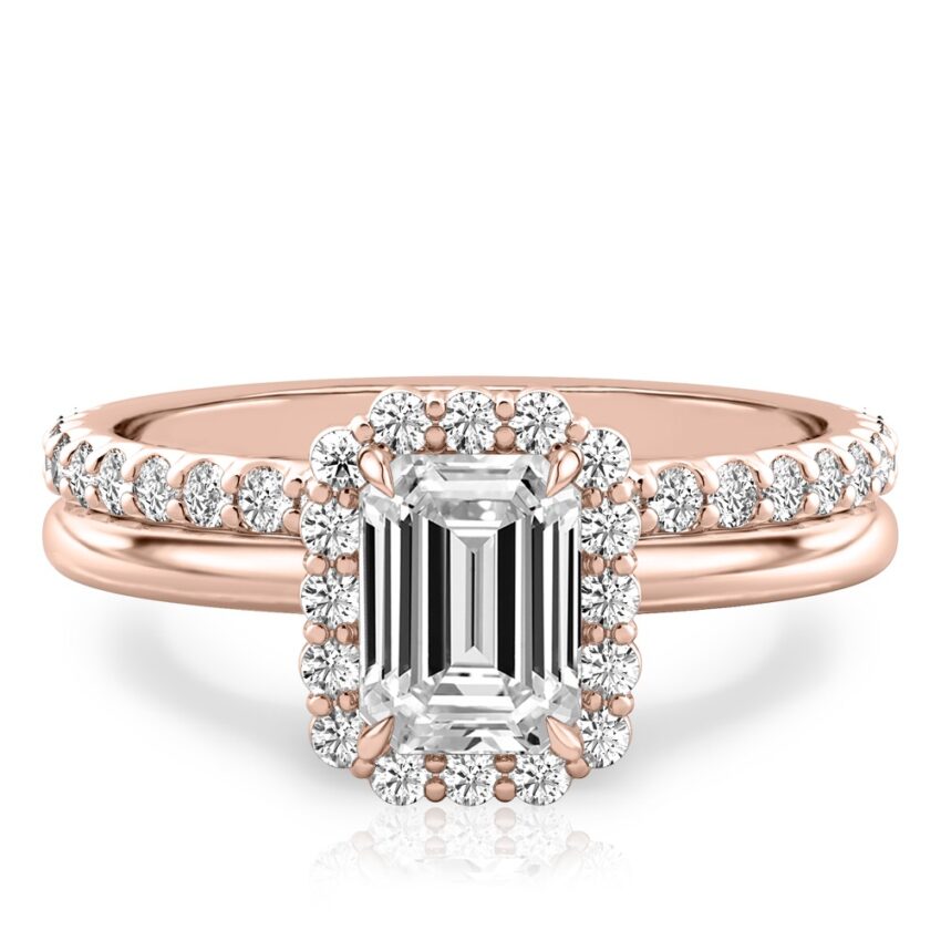 emerald cut diamond floral halo engagement ring set rose gold