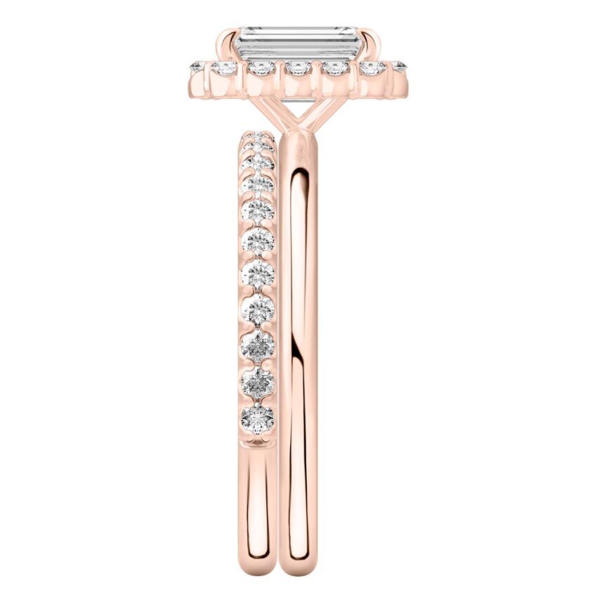 Side view of emerald cut diamond floral halo engagement ring set rose gold