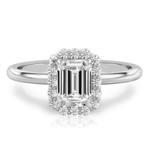emerald cut diamond floral halo engagement ring in white gold