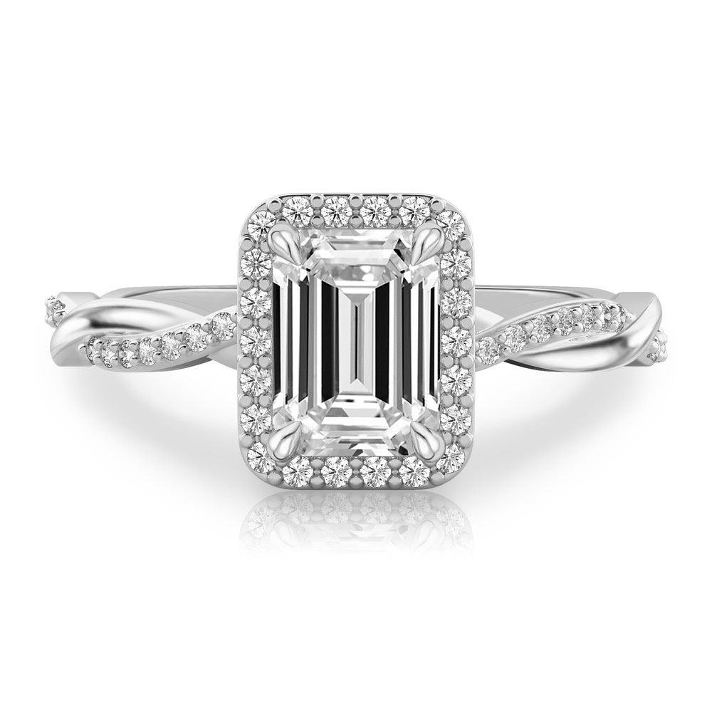 emerald cut diamond twist halo engagement ring in platinum